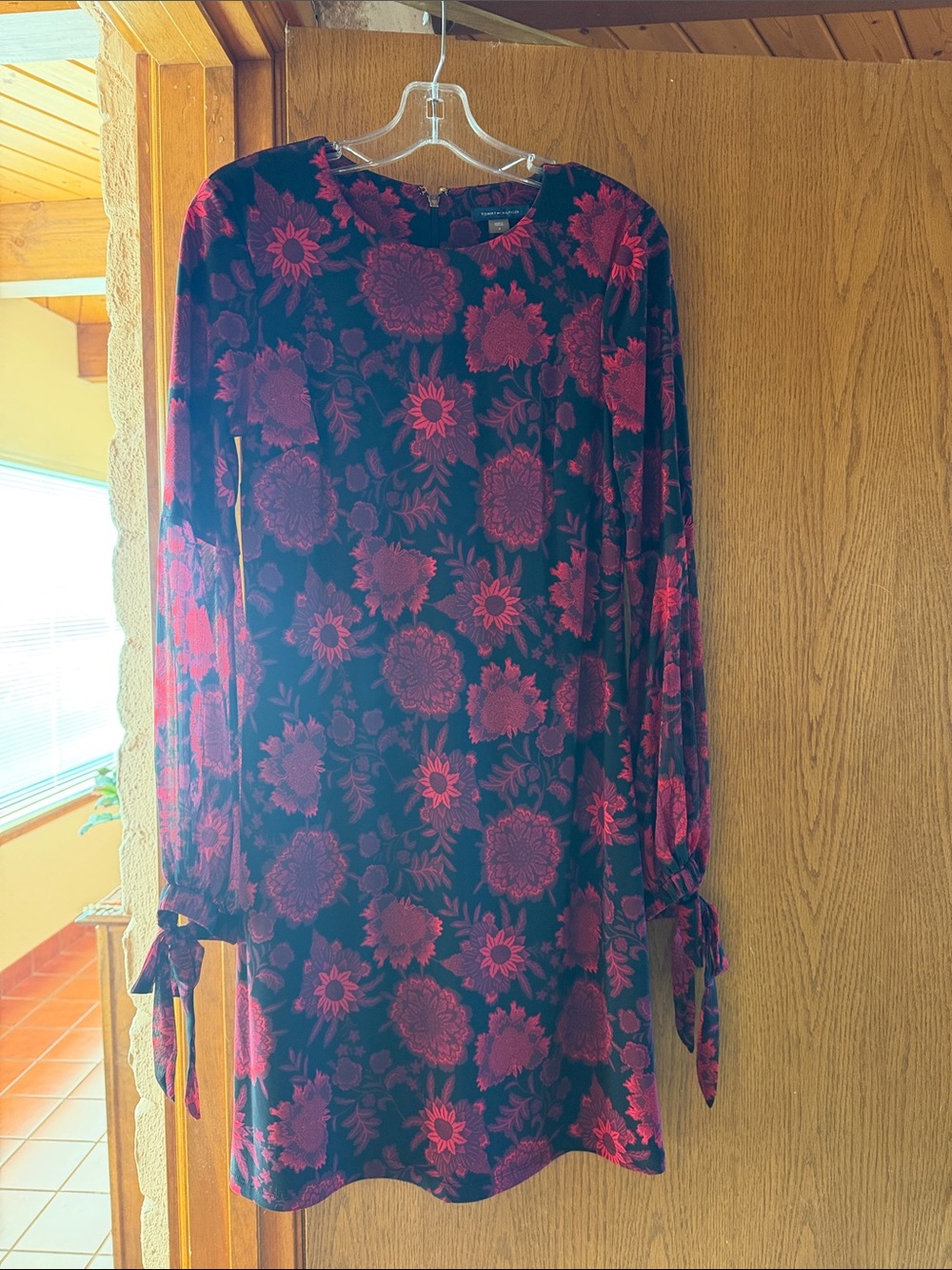 Tommy Hilfiger Black Dress with Burgundy Floral Print and Tie Cuffs